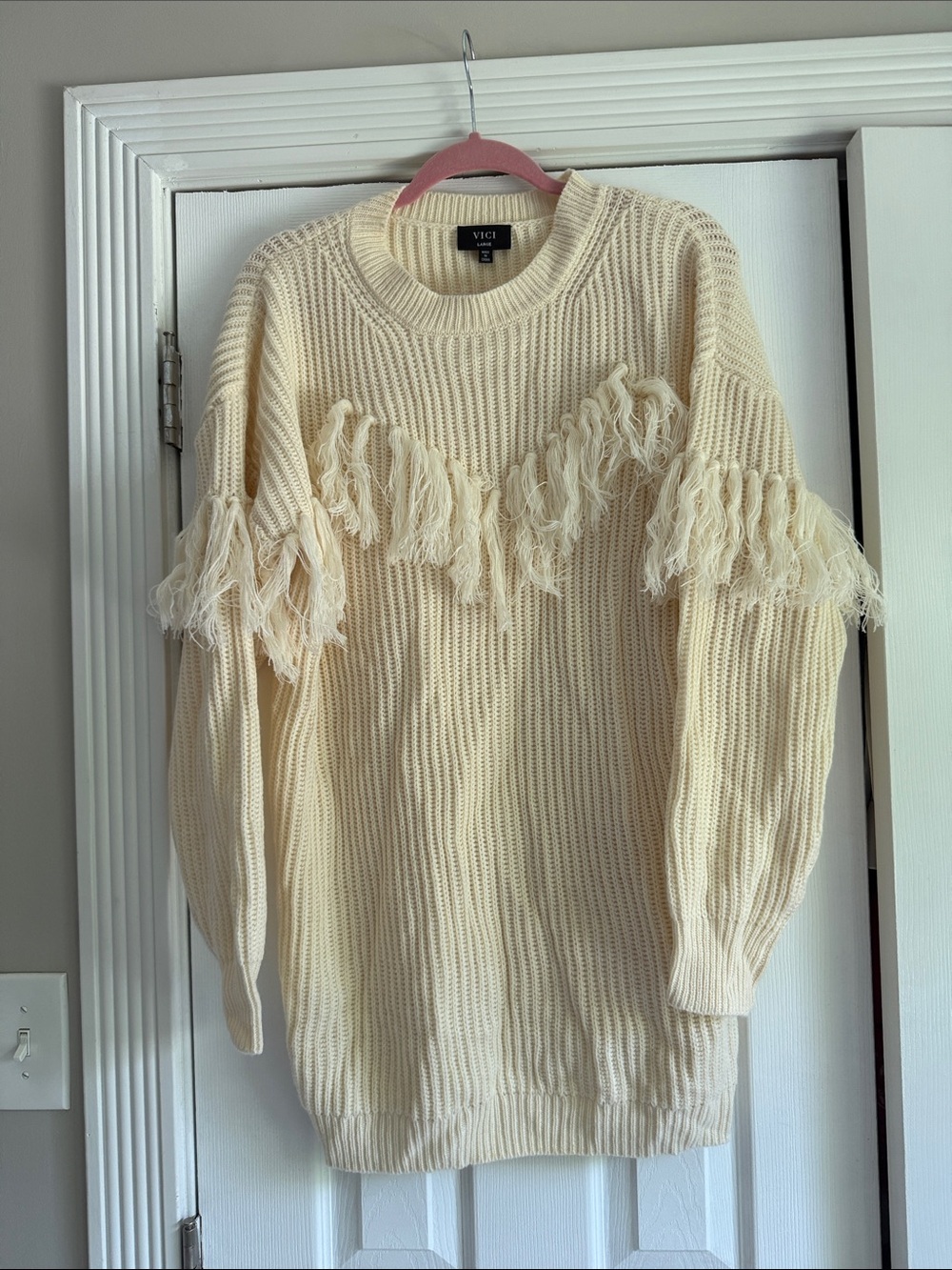 VICI Cream Fringe Crewneck Sweater